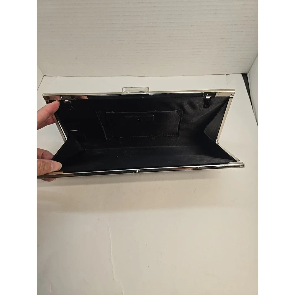 INC International Concepts Black Satin Criss Cross Pleated Evening Clutch Bag‎